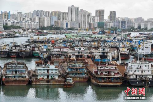 台风“塔拉斯”逼近海南，船只回港避风。 